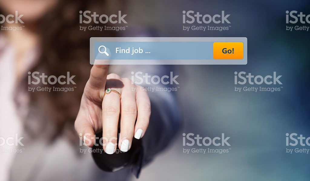 Woman looking for job by pressing search button on virtual touch screen.
