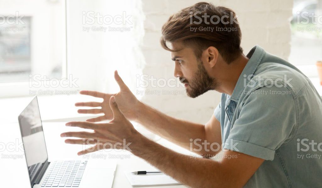 Furious man angry about bad news online or pc software failure, mad helpless office worker having problem with broken laptop, stressed student hates computer crash, user indignant about data loss