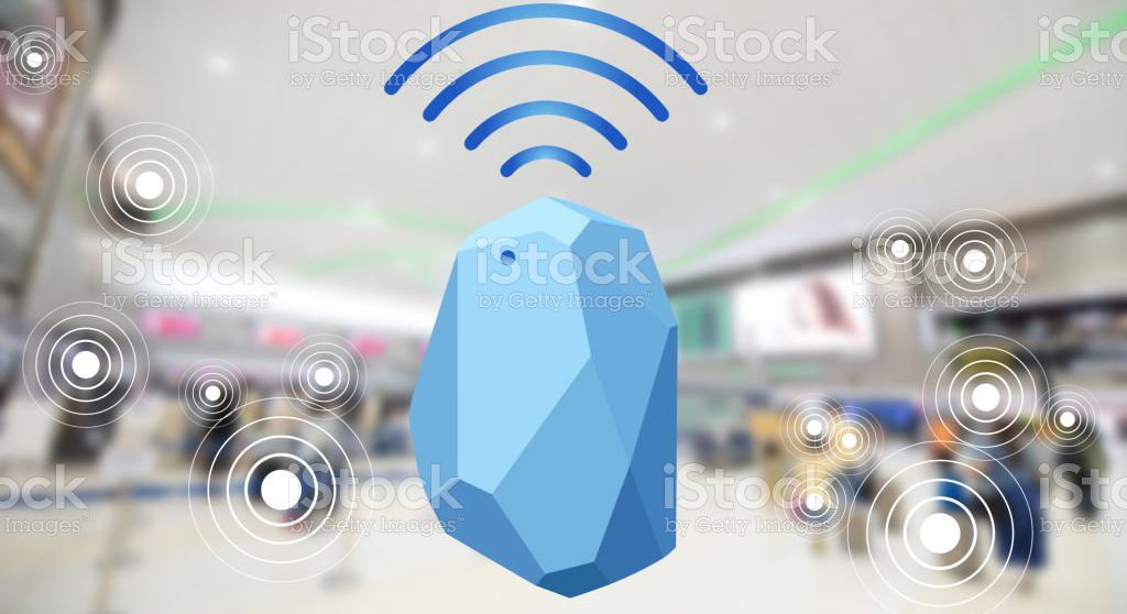 Beacon device home and office radar. Use for all situations. with network connect signal graphic and blur background at the airport