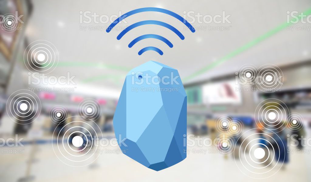 Beacon device home and office radar. Use for all situations. with network connect signal graphic and blur background at the airport