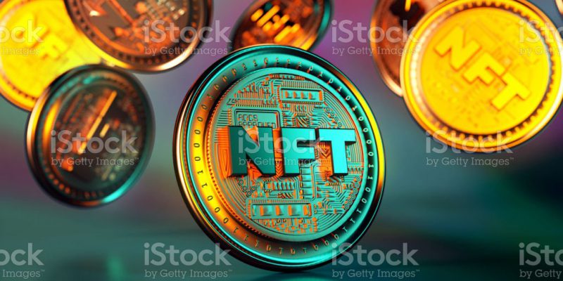 NFT non fungible token golden coins falling. Trendy cryptocurrencies and coins on the blockchain technology. Close up view of crypto money in 3D rendering