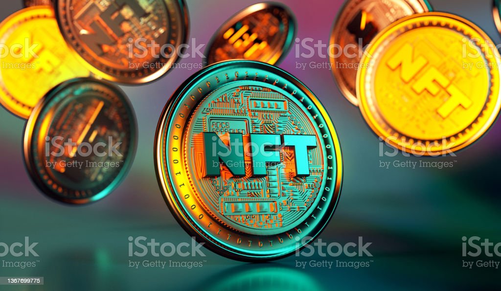 NFT non fungible token golden coins falling. Trendy cryptocurrencies and coins on the blockchain technology. Close up view of crypto money in 3D rendering