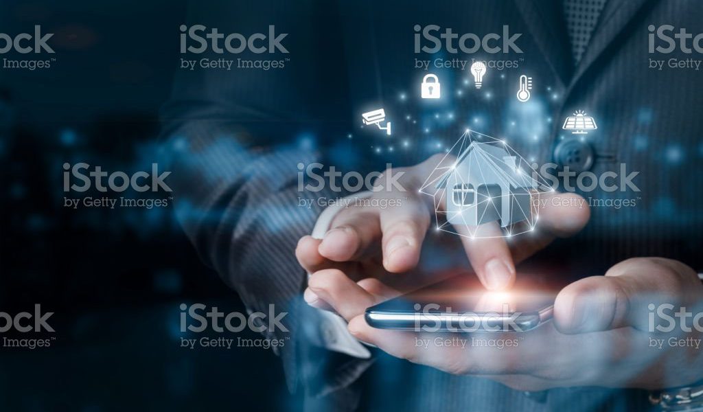 Concept of smart home control via mobile device or computer.
