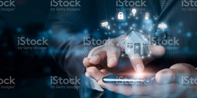 Concept of smart home control via mobile device or computer.