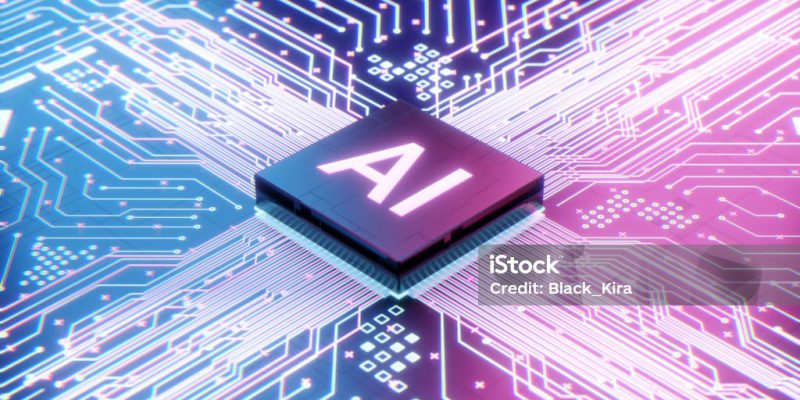AI microprocessor on motherboard computer circuit, Artificial intelligence integrated inside Central Processors Unit or CPU chip, 3d rendering futuristic digital data technology concept background