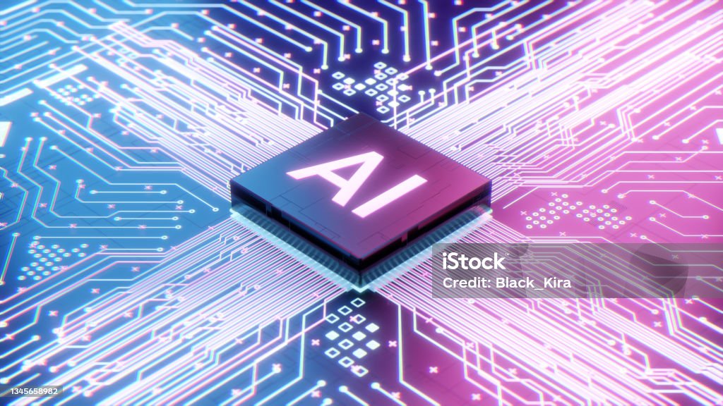 AI microprocessor on motherboard computer circuit, Artificial intelligence integrated inside Central Processors Unit or CPU chip, 3d rendering futuristic digital data technology concept background